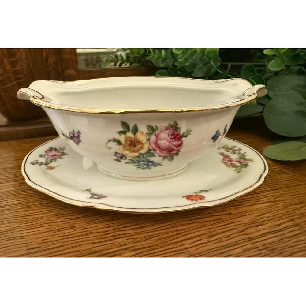 Pirkenhammer PIR4 Gravy Boat Underplate Floral Gold Trim Czechoslovakia. RARE